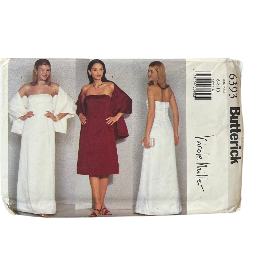Butterick Sewing Pattern Women 6-8-10 Nicole Miller 6393 Strapless Dress Stole